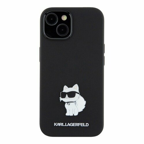 Karl Lagerfeld для iPhone 15 чехол силиконовый с кошкой NFT Choupette метал. вставка, черный