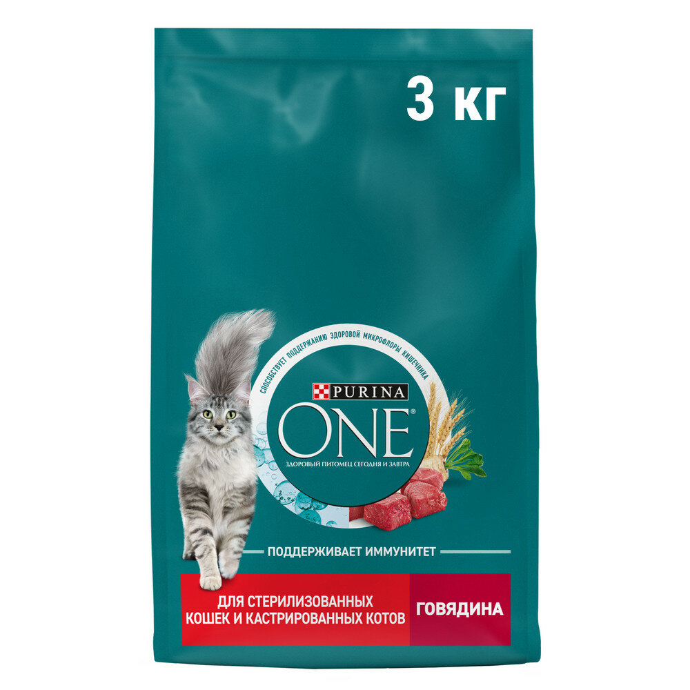 Сухой корм для стерилизованных кошек и кастрированных котов Purina ONE с высоким содержанием говядины и пшеницей 3 кг — фото 1
