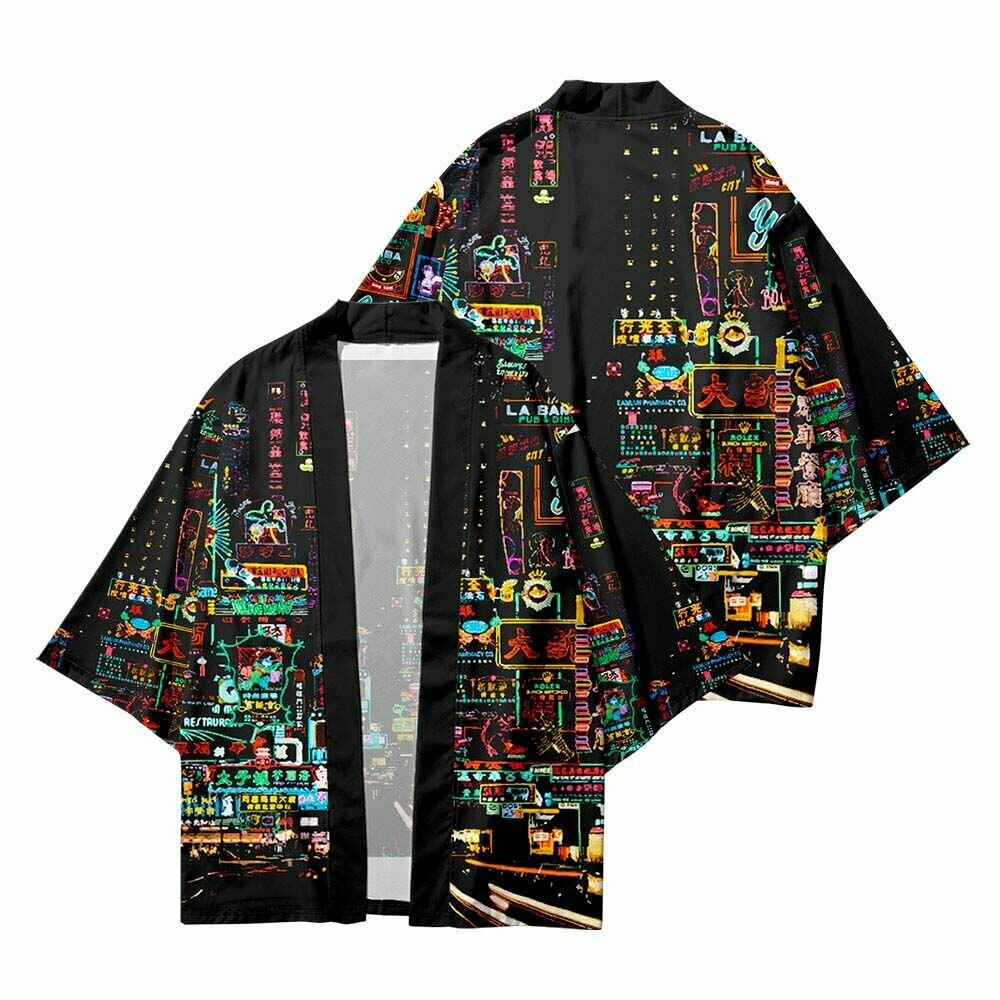 Хаори Ночной город с неоновыми вывесками японская свободная рубашка накидка жакет халат