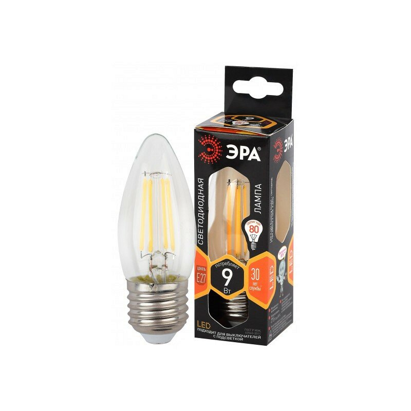 F-LED B35-9w-827-E27 Лампа светодиодная ЭРА F-LED B35-9w-827-E27 9Вт филамент свеча теплый белый свет Е27 цена за 1 шт