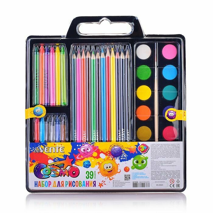 Набор для рисования подарочный "Cosmo" в наборе 39 пр: краски акварельные 12 цв, кисть, пластиковая крышка-палитра, карандаши цветные 12 цв, мелки восковые 12 цв, точилка, в пластиковой коробке с подв