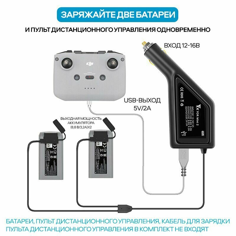 Автомобильное зарядное устройство для дрона квадрокоптера DJI Mini 2/SE