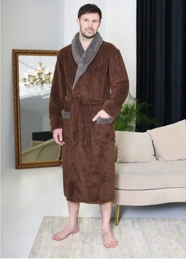 Халат мужской теплый коричневый с отделкой воротника цвет серый - фотография № 3
