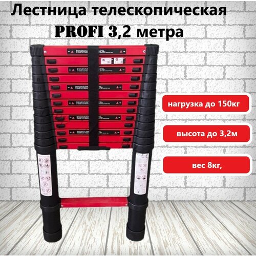 Телескопическая лестница PROFI на 11 ступенек, алюминий, до 3,2 метра