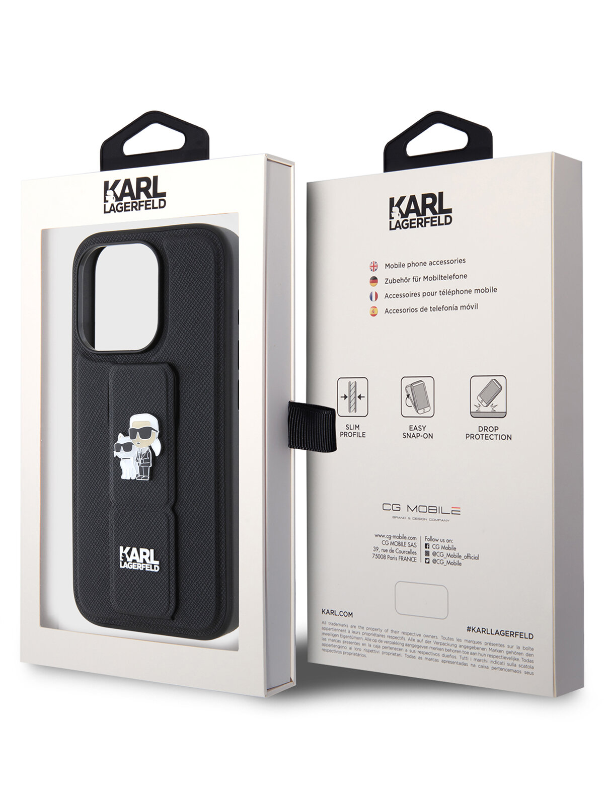 Чехол Karl Lagerfeld GripStand PU Saffiano NFT Karl & Choupette metal Hard для iPhone 15 Pro, цвет Черный (KLHCP15LGSAKCPK)