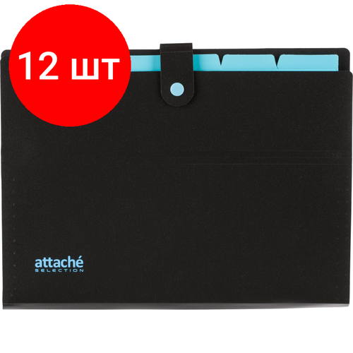 Комплект 12 штук, Папка органайзер на кнопке Attache Selection Black&Bluе, А4.500мкм , 5отд расширяющаяся папка для документов формата а4 органайзер для документов офисный органайзер папка для документов а4