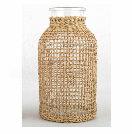 Стильная настольная ваза для цветов прозрачная с плетенными элементами, идеально впишется в интерьер в стиле минимализма, подойдет в качестве подарка