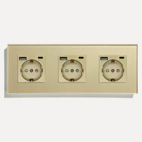 Изображение товара Розетка электрическая 3 поста, с Usb/Type-C АC, рамка 228х86мм стекло, цвет золотой