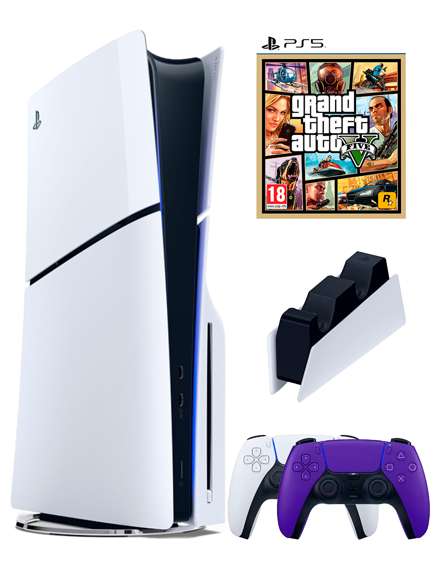 PS5 (ПС5) Игровая приставка Sony PlayStation 5 Slim disc + 2-й геймпад (фиолетовый)+ зарядное + игра GTA 5