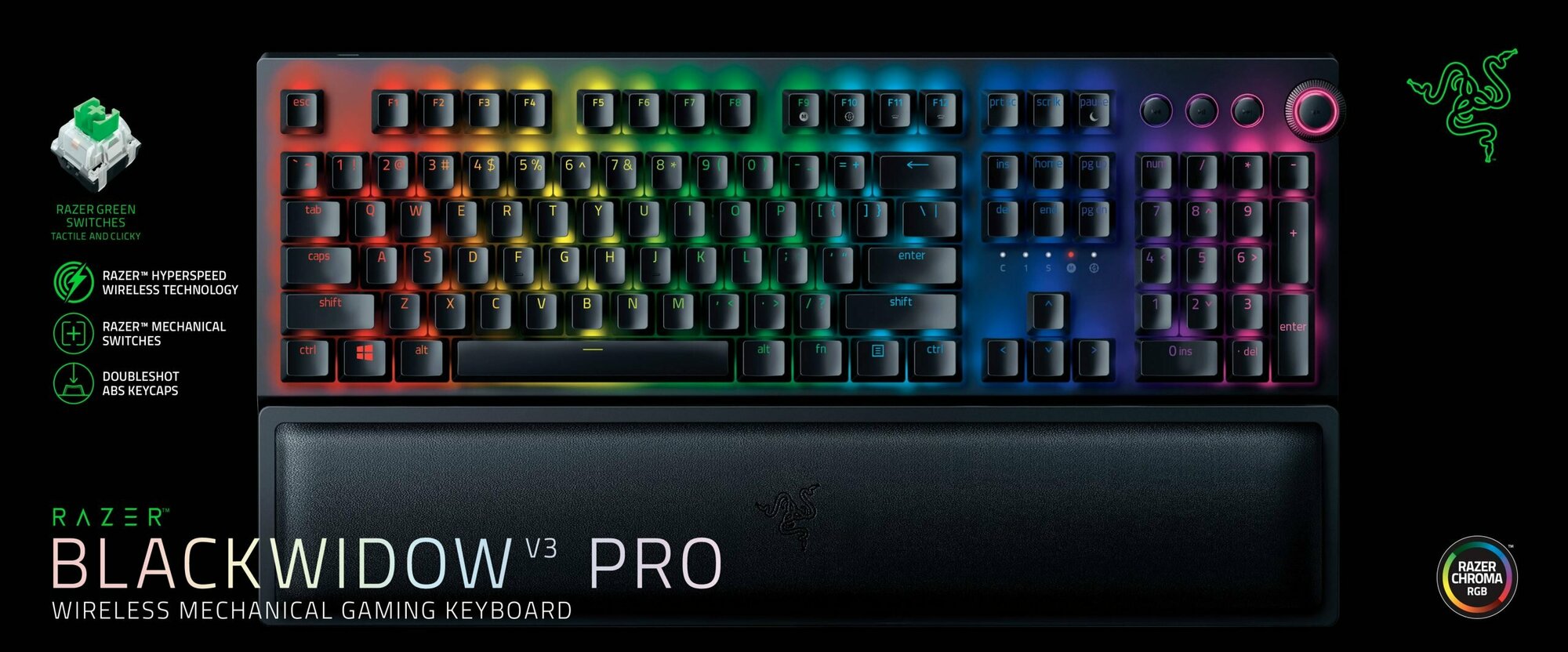 Игровая беспроводная клавиатура Razer BlackWidow V3 Pro Razer Green / Clicky, черный, 1 шт.