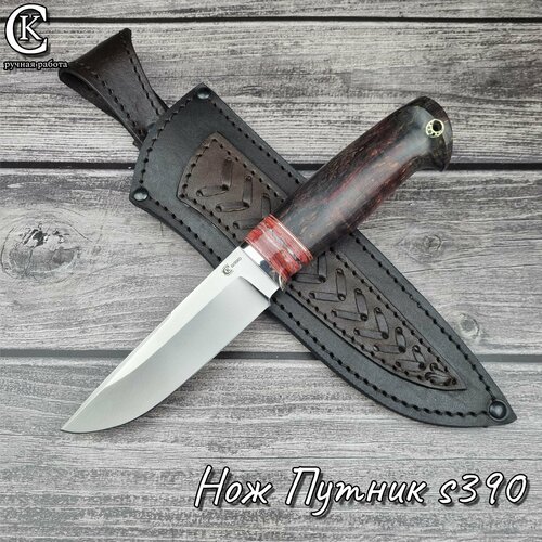 фото Нож "соболь" сталь s390, рукоять притин мельхиор, стабилизированный зуб мамонта, стабилизированная карельская береза. кузница сёмина юрия михайловича