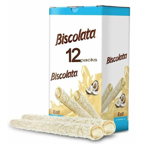 Вафельная трубочка Biscolata Nirvana Roll Белый шоколад Мол. начинка Кокос 26 г, 12 шт.