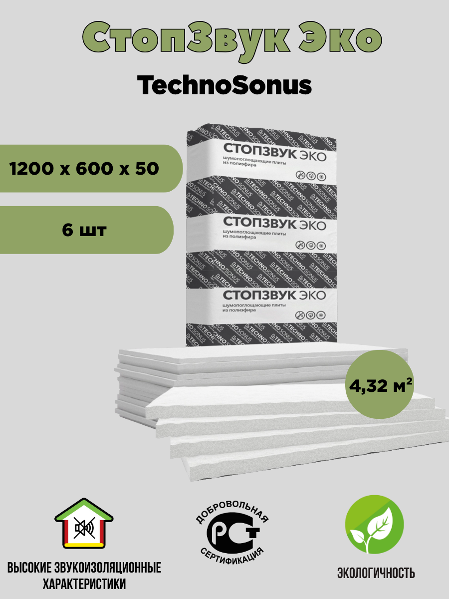 Шумопоглощающая плита СтопЗвук Эко 4,32 м² Техносонус 6 шт/уп