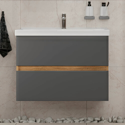 Изображение товара Тумба подвесная SanStar Graffa 80 с раковиной Фест 80 (комплект) для ванной комнаты Дуб вотан, графит софт