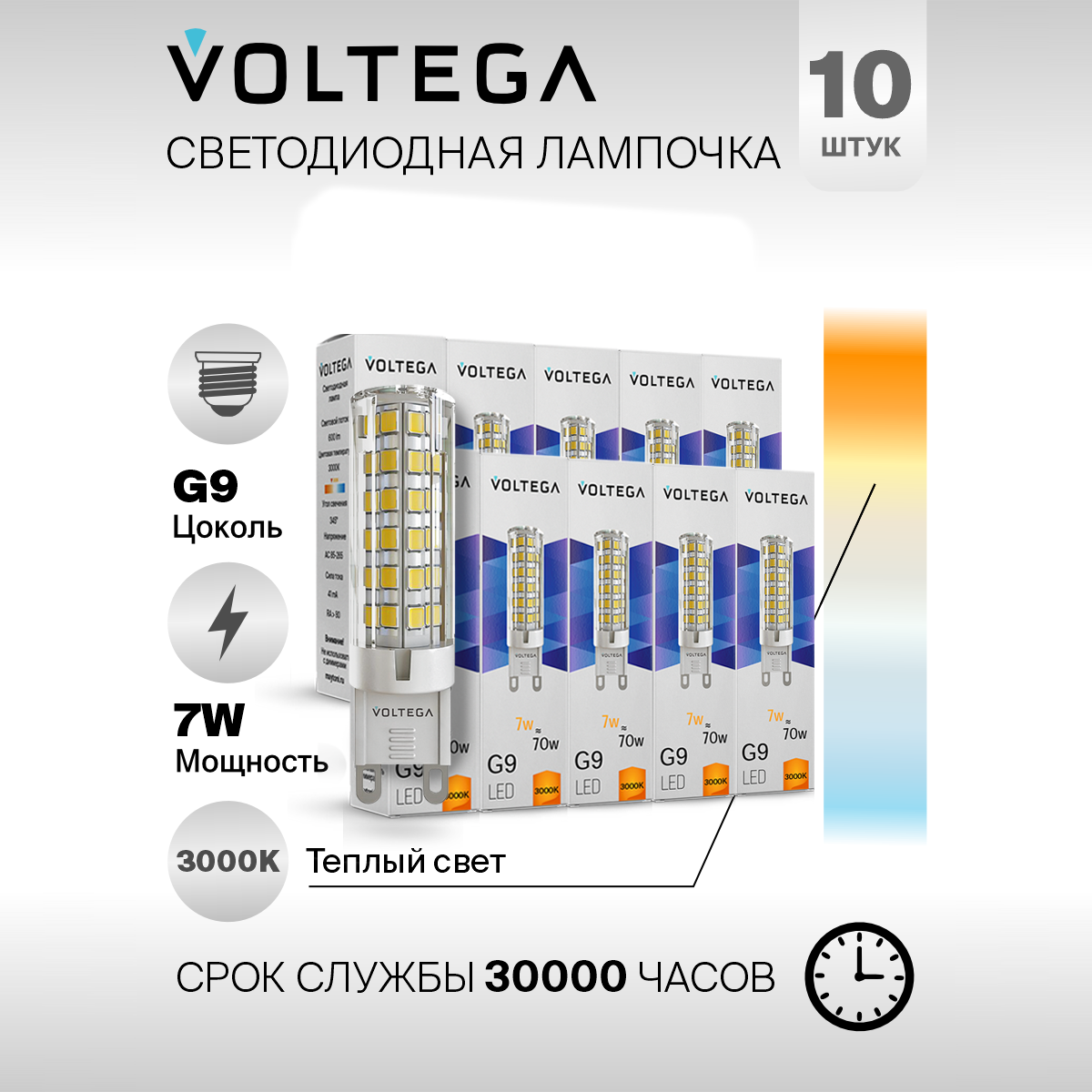 Лампочка светодиодная форма капсулы 7W теплый свет Voltega Simple Capsule 3000K упаковка 10 штук