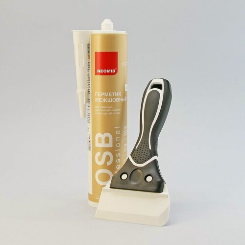 Изображение товара Межшовный герметик бежевый 310 мл Neomid с фуговальным шпателем 86 мм Decor комплект