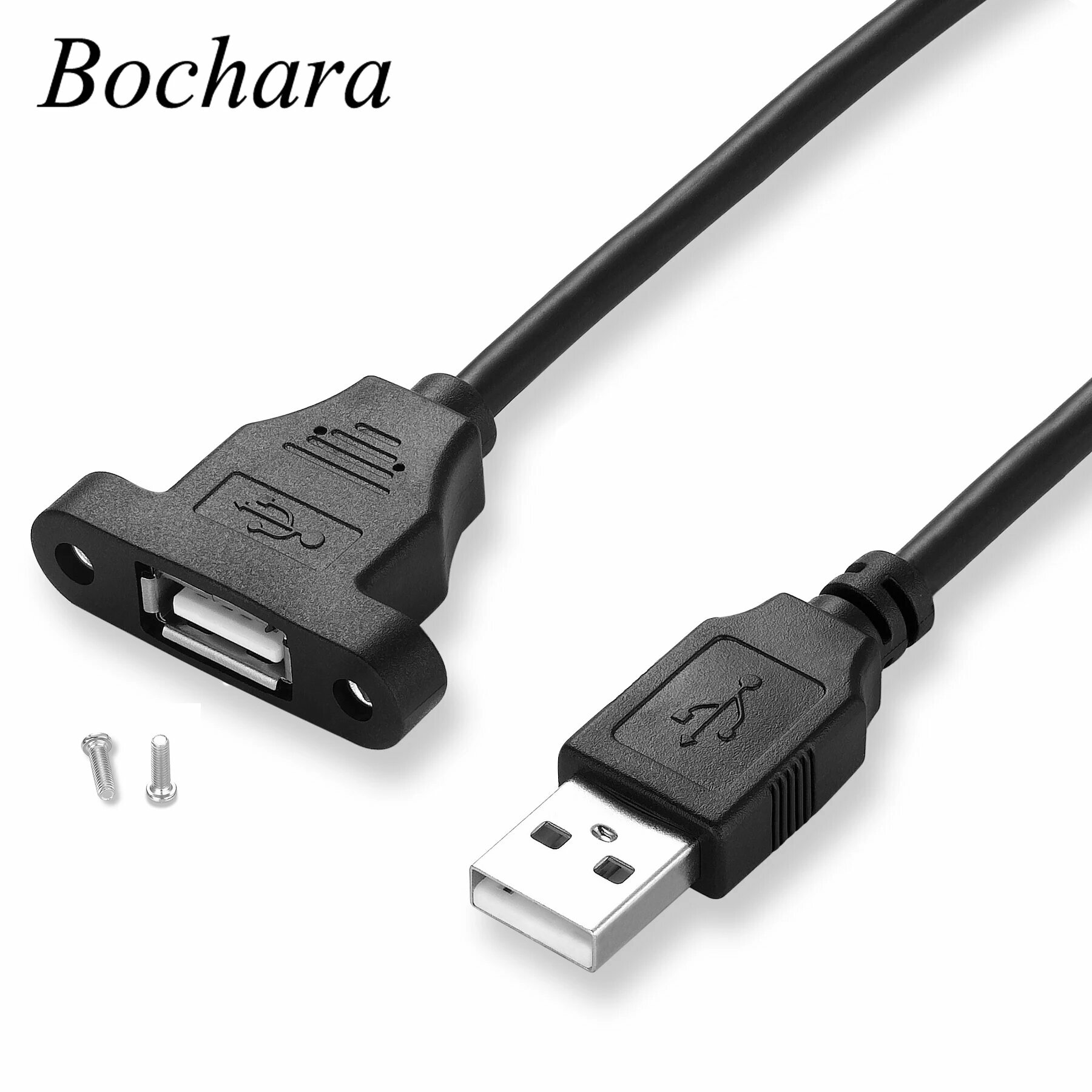 Кабель-удлинитель Bochara USB 2,0 «штырь-гнездо» с полностью обернутым винтом и фольгой для монтажа на панели + Плетеный экранированный 30 см, 50 см, 1 м, 1,5 м, Black, 1.5 м