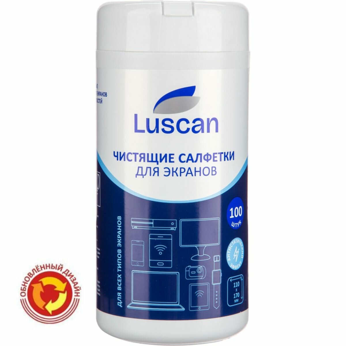 Салфетки чистящие влажные Luscan, для всех типов экранов, в тубе, 100шт.