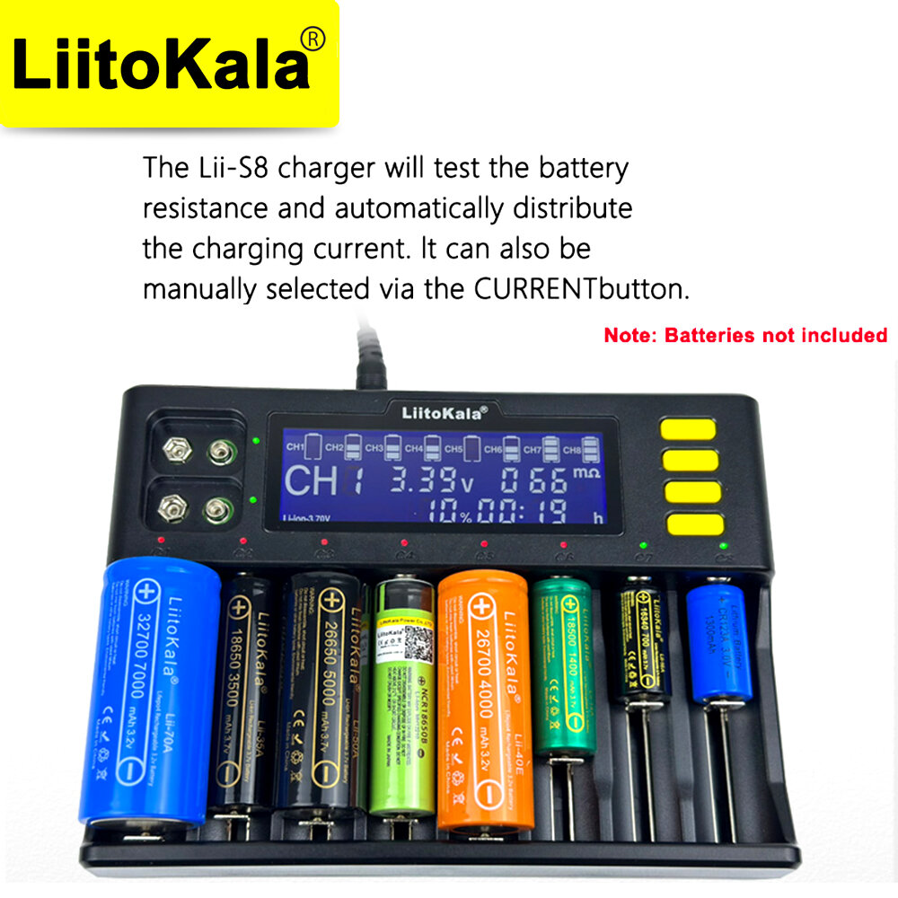 LiitoKala Lii-S8 l слота автономный Интеллектуальное зарядное устройство Li-ion NiMH/Cd: AA, AAA SC C 18650 21700 26650 16340 — фото 1