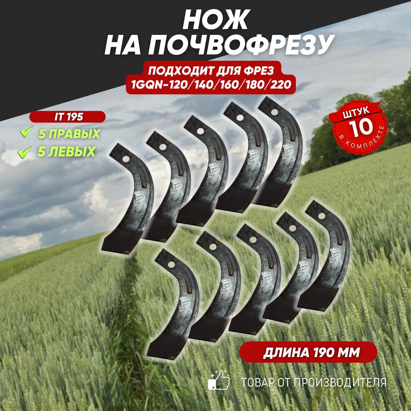Ножи для почвофрезы IT195 10 шт. (нож зуб для японских и китайских фрез 1GQN-120/140/160/180/220 5 правых + 5 левых) хвостовик 30х10 с ребром жесткости