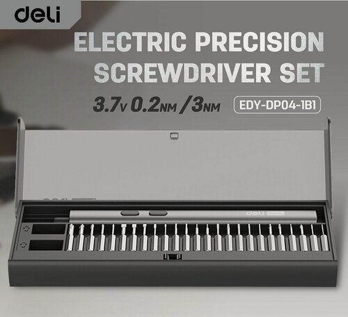 Изображение товара Отвертка аккумуляторная прецизионная + 25 бит "Home series Black" Deli DY-DP04-1B1 (3,7В, 260мАч, 0,2-3Нм, 200об/мин, Type-C, кейс)