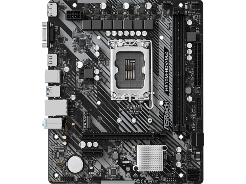 Материнская плата ASROCK H610M-HDV/M.2 R2.0, LGA1700, H610, 2*DDR4, 4*SATA, 1*M.2, 2*USB 3.2, 4*USB 2.0, 1*PCIx16, 1*PCIx1, D-Sub+HDMI+DP, mATX