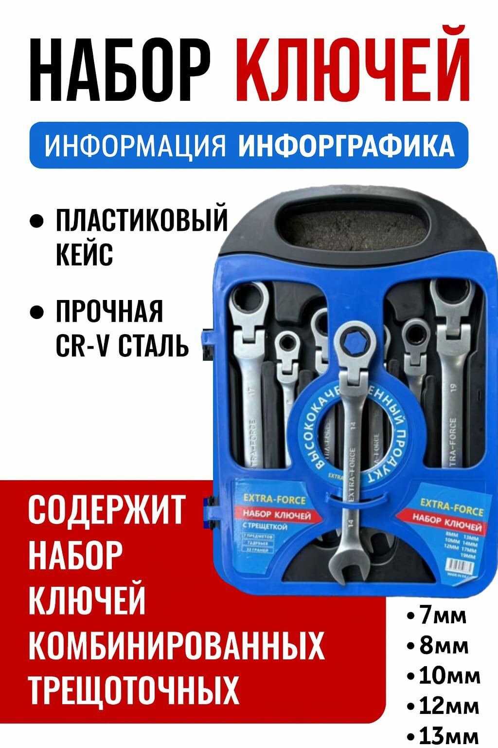 Набор накидных ключей с трещоткой 8-19мм