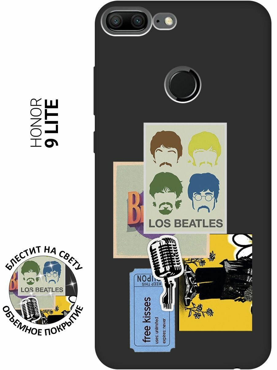 Матовый Soft Touch силиконовый чехол на Honor 9 Lite, Хонор 9 Лайт с 3D принтом "Beatles Stickers" черный