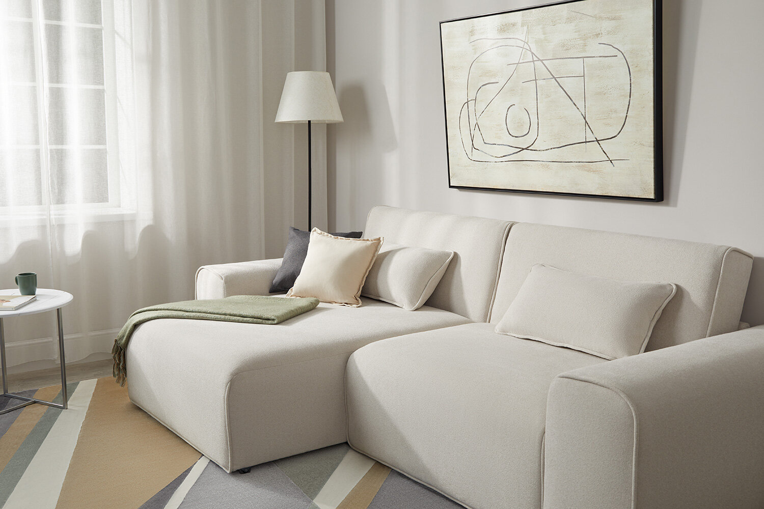 Угловой диван-кровать SOLANA Оливер, букле, 265х86х165, с универсальным углом, цвет светло-бежевый — фото 1