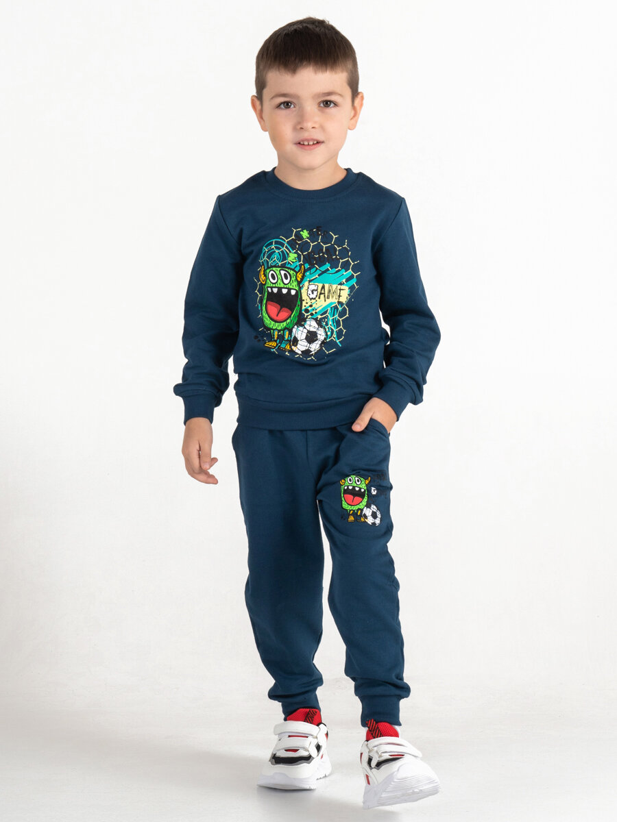 Спортивный костюм для мальчика "Monster Game" рост 92 индиго футер без начеса детский трикотаж хлопок худи джоггеры детский