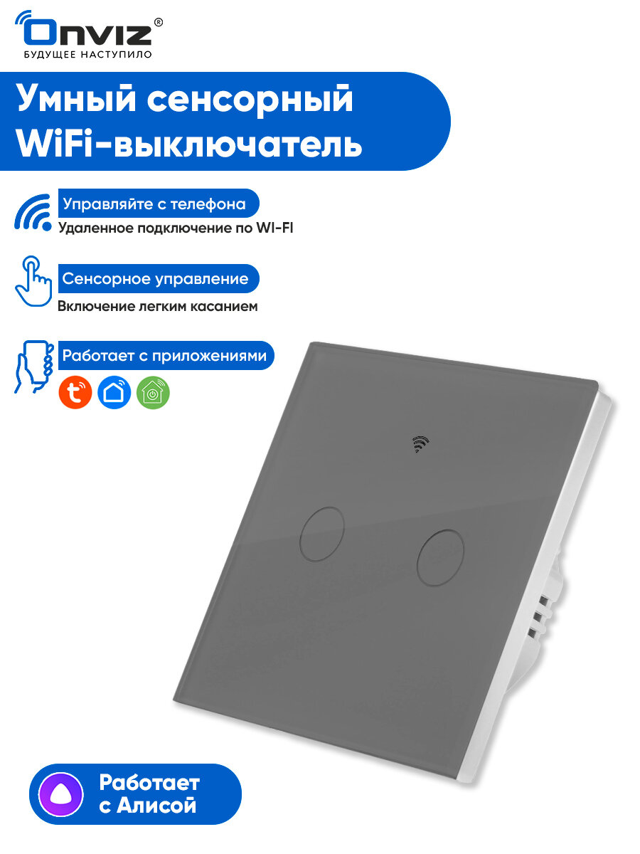 Умный сенсорный Wi-Fi выключатель Tuya (серый) 2хклавишный - универсальный без нуля и с нулем - работает с Алисой