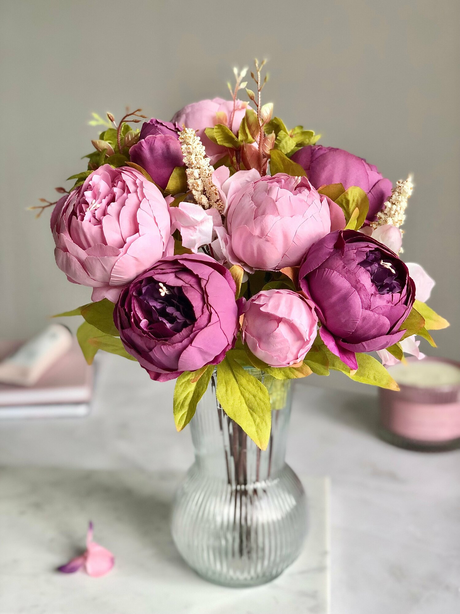 Искусственные цветы пионы для декора / Декоративный букет / Цветочная композиция, 45 см, фиолетово-розовый
