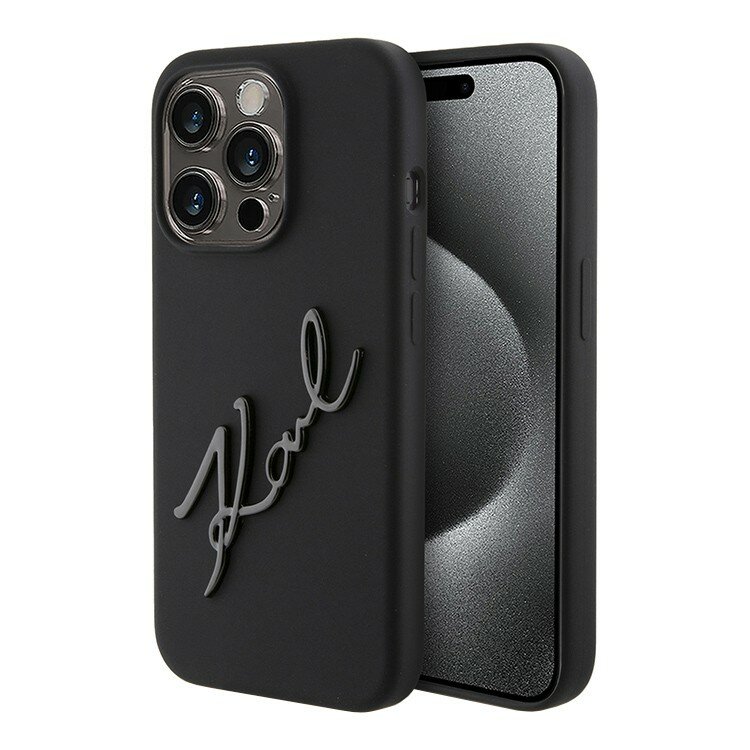 фото Karl Lagerfeld для iPhone 15 Pro чехол Liquid Silicone Metal Autograph Hard Black