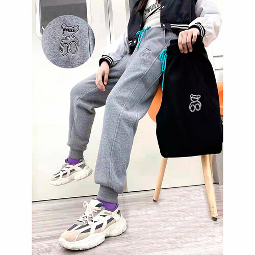 фото Школьные брюки джоггеры xing, демисезон/зима, повседневный стиль, карманы, пояс на резинке, манжеты, размер 140, черный