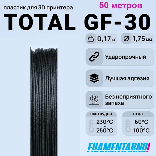 TPU Total Pro GF-30 черный моток 50 м, 1,75 мм, пластик Filamentarno для 3D-принтера