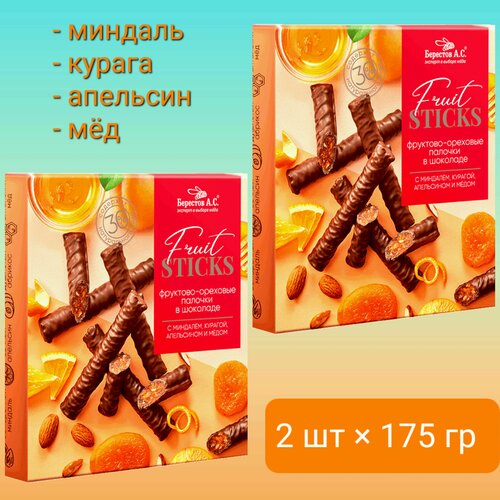 Фруктово-ореховые палочки в шоколаде Fruit Stiсks с курагой, миндалём, апельсином и мёдом, 2 шт * 175г