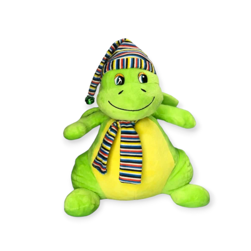 Мягкая игрушка конфетница Дракон в полосатой шапке и шарфе светло-зеленый 30 см