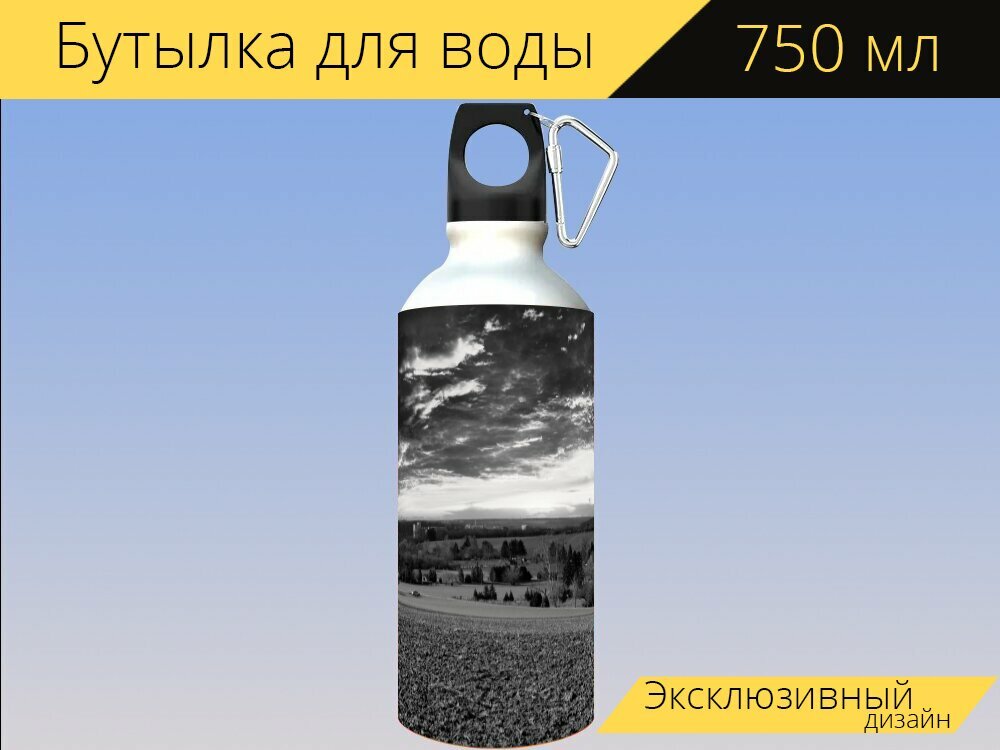 Бутылка фляга для воды "Чернобелый, пейзаж, монохромный" 750 мл. с карабином и принтом