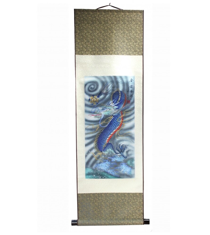 Шёлковое панно с рисунком "Синий дракон" 35x96 см