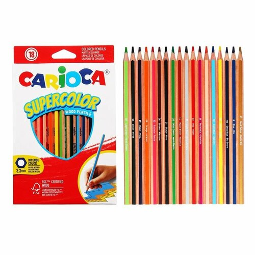 Карандаши 18 цветов Carioca суперяркие, шестигранные, деревянные, картонная упаковка, европодвес