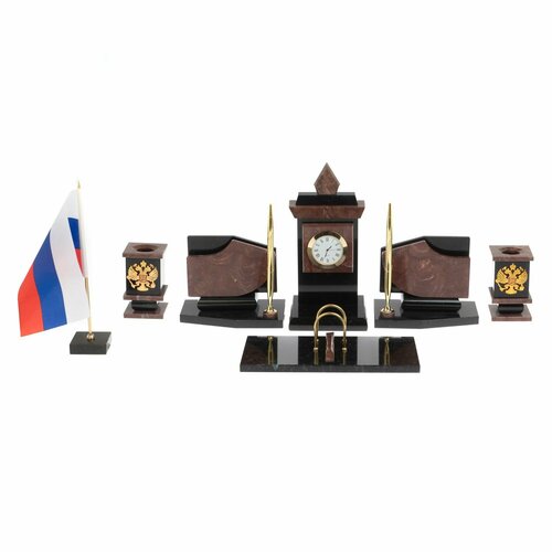 Настольный набор с гербом и флагом России камень лемезит 124682 визитница с часами и флагом россии камень офиокальцит 125222