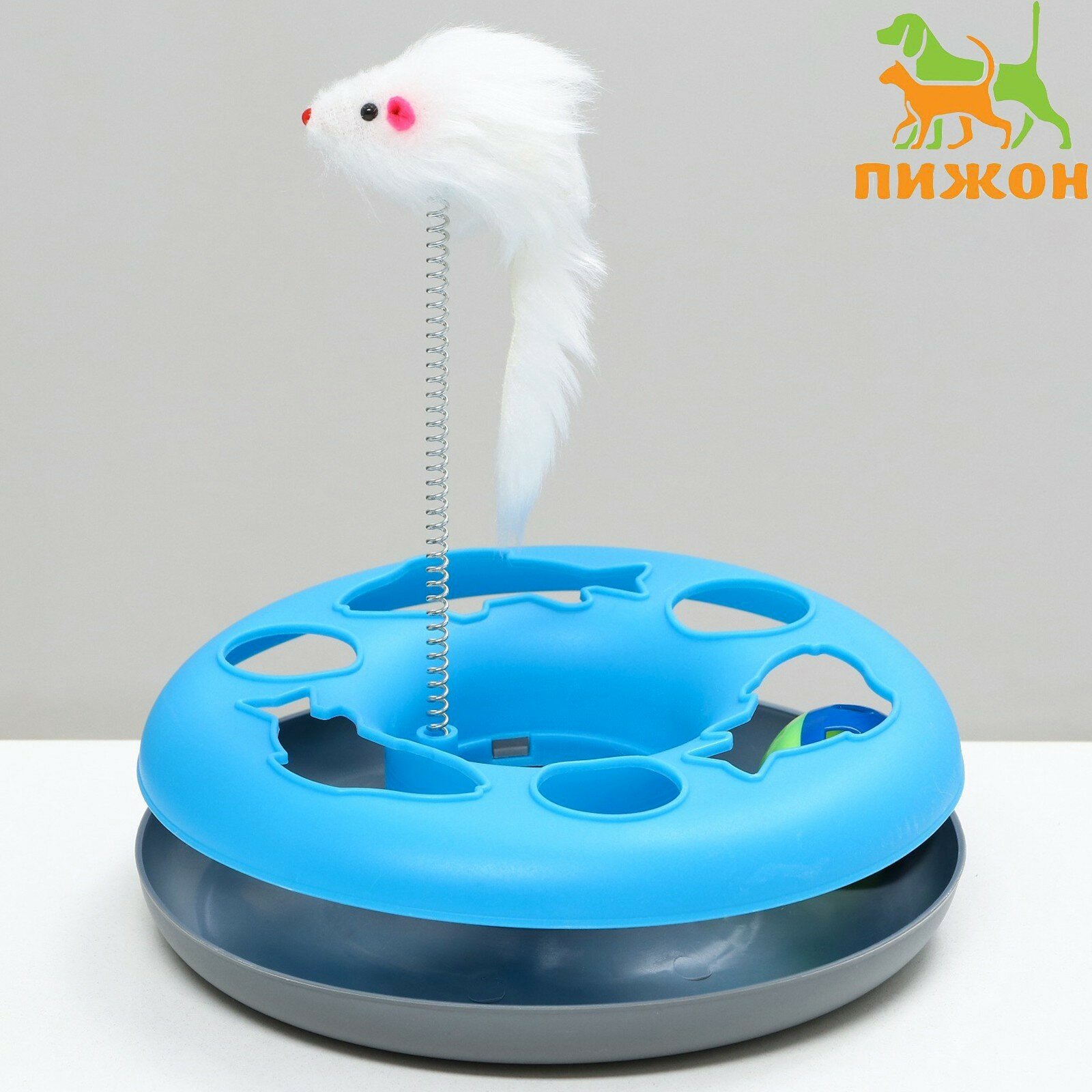 Игрушка для кошек "Загадочный круг - Рыбки" мышь на пружине и шарик 23 х 7 см голубая/серая 79161