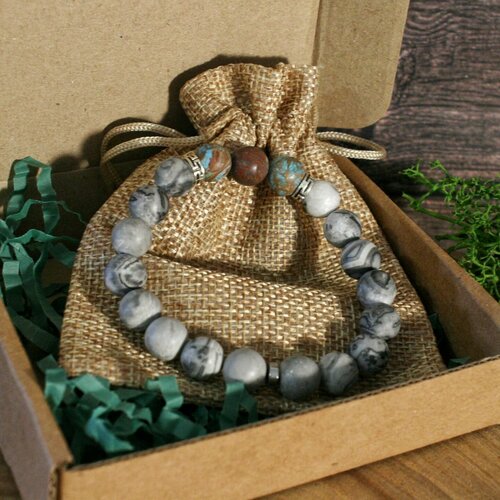 Браслет, бирюза, гематит, яшма, серый, голубой