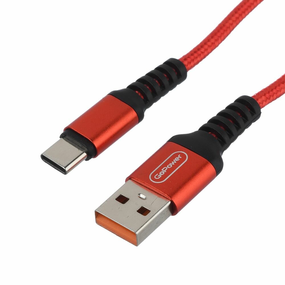 Кабель GoPower GP02T USB - Type-C 1м 2.4A нейлон красный