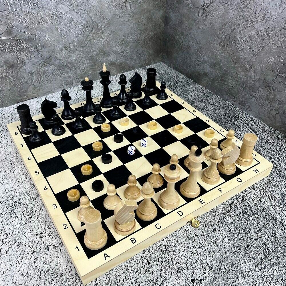 Шахматы, шашки, нарды, классика с Объедовскими гроссмейстерскими деревянными фигурами, 40х20х6 см