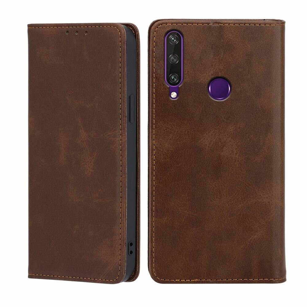 Чехол-книжка MyPads для Huawei Y6P / Хуавей Y6p, Телячья кожа, закрывающаяся на магнит, коричневый