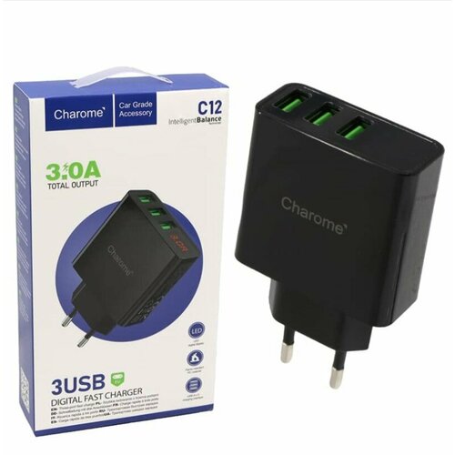 Зарядное устройство Charome C12, 3USB, LED, 3.0A, быстрая зарядка Fast Charger