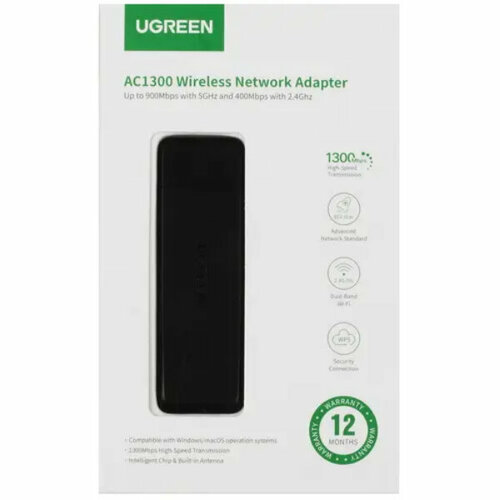 Wi-Fi адаптер UGREEN CM492 (USB. 4 (802.11n). 5 (802.11ac). 1300 Мбит/с. 2.4 ГГц. 5 ГГц. антенна - внутренняя. передатчик - 20 dBm) pixlink wi fi адаптер вай фай адаптер mini 600mbps usb wifi адаптер 5 8 ггц 2 4 ггц usb2 0 wi fi приемник беспроводная сетевая карта lan wi fi высокоскоростная антенна