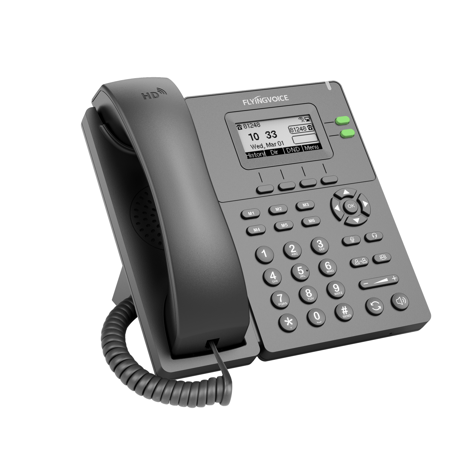 IP-телефон FLYINGVOICE P20, 2 SIP аккаунта, монохромный дисплей 2,3 дюйма, 132 x 64 с подсветкой, конференция на 6 абонентов, (RJ9)/DECT, USB и Wi-Fi — фото 3