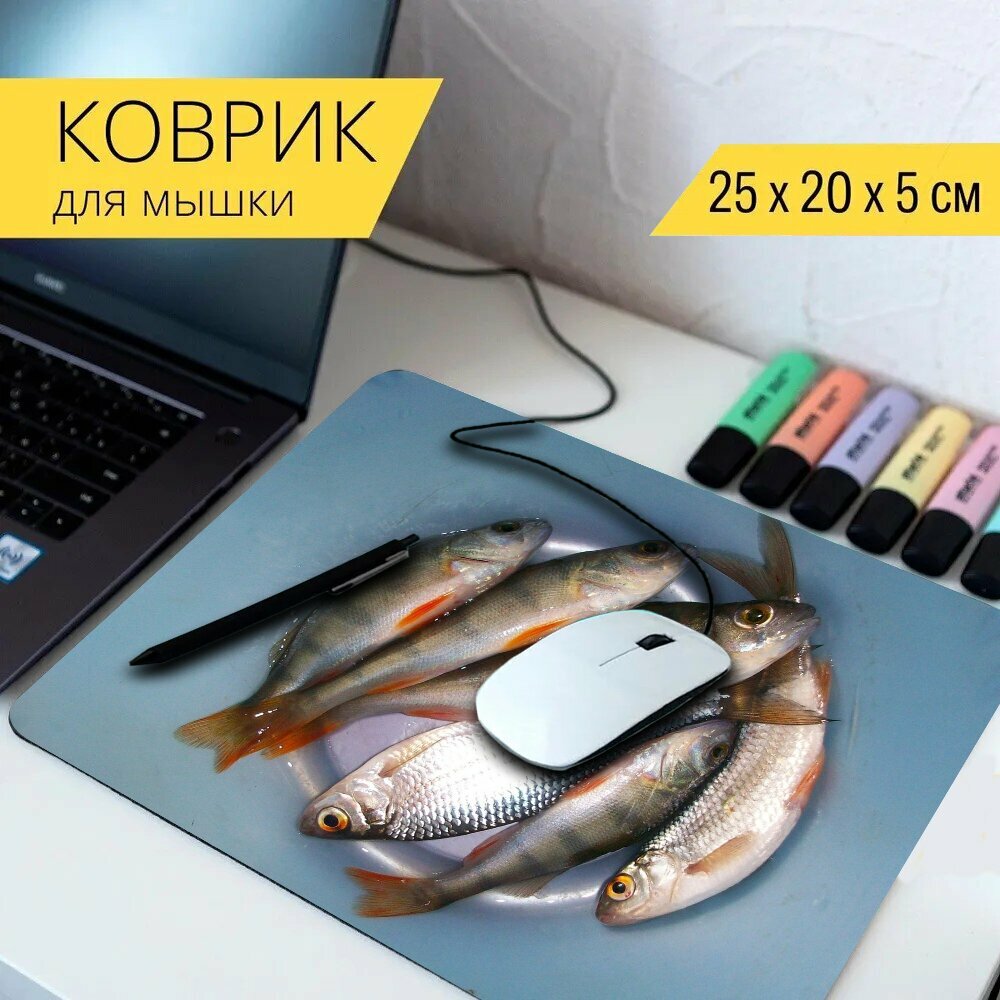 Коврик для мыши с принтом "Рыбалка, мальки, окунь" 25x20см.